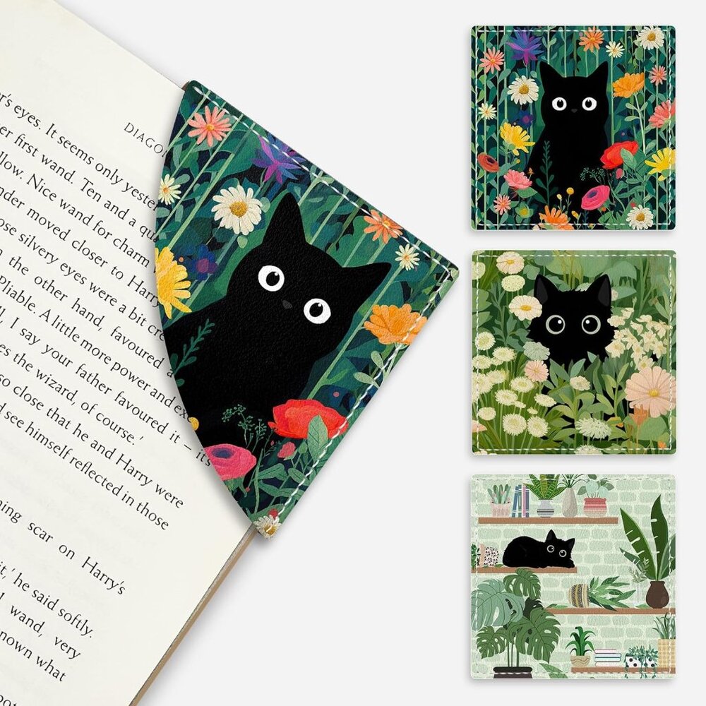Cute Black Cat Floral Corner Bookmarks, Funny Leather Book Accessories for Book